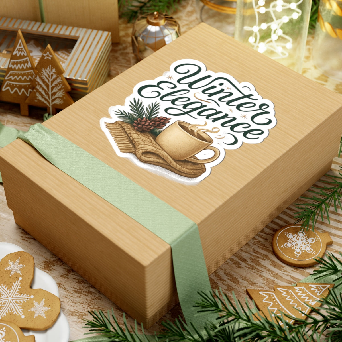 Winter Elegance Sticker — Cozy Hot Cocoa & Pinecone Kiss-Cut Decal