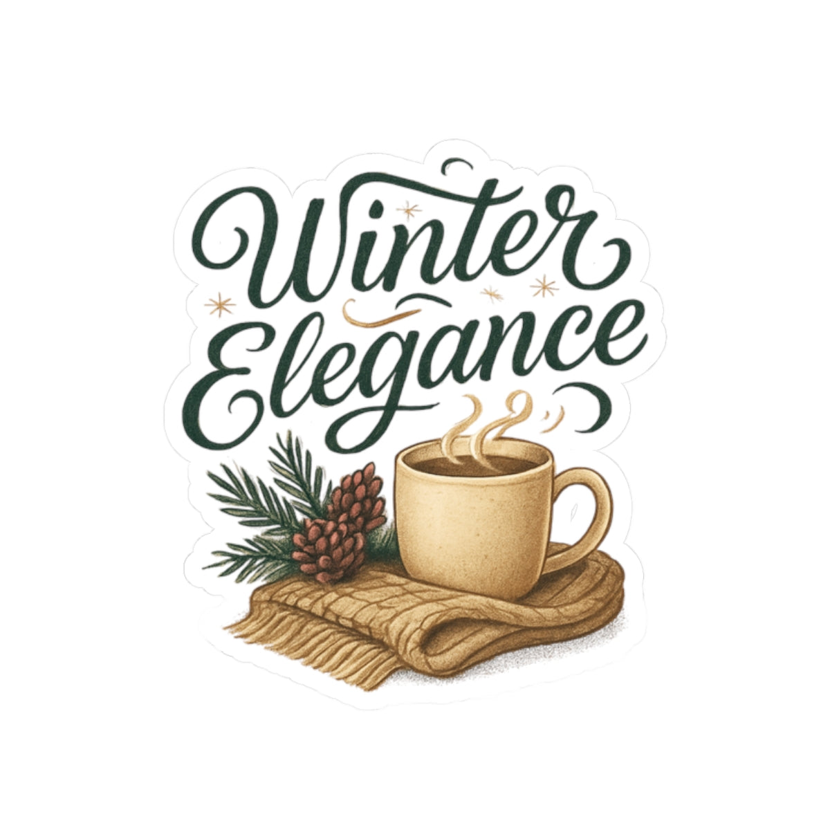 Winter Elegance Sticker — Cozy Hot Cocoa & Pinecone Kiss-Cut Decal
