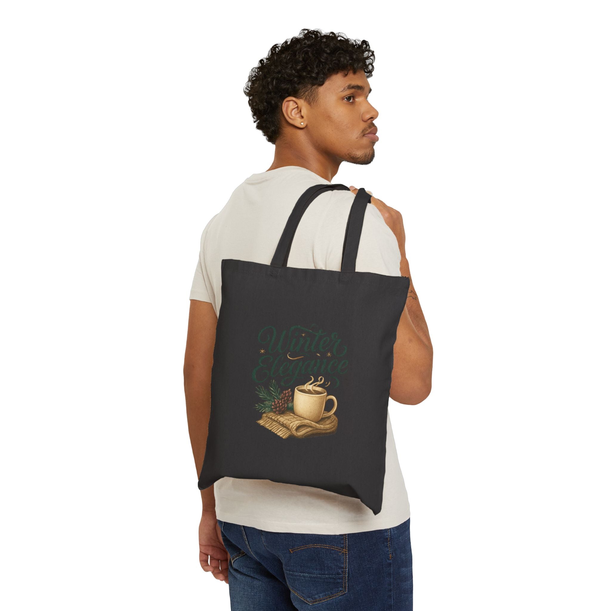 Winter Elegance Canvas Tote Bag — Cozy Coffee & Pine Holiday Market Bag