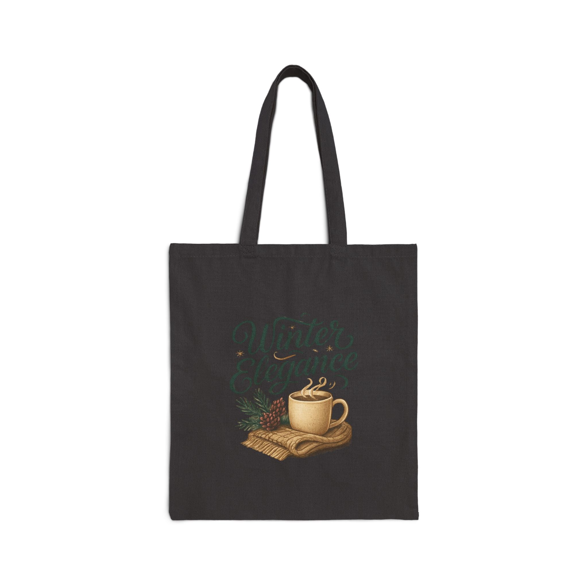 Winter Elegance Canvas Tote Bag — Cozy Coffee & Pine Holiday Market Bag