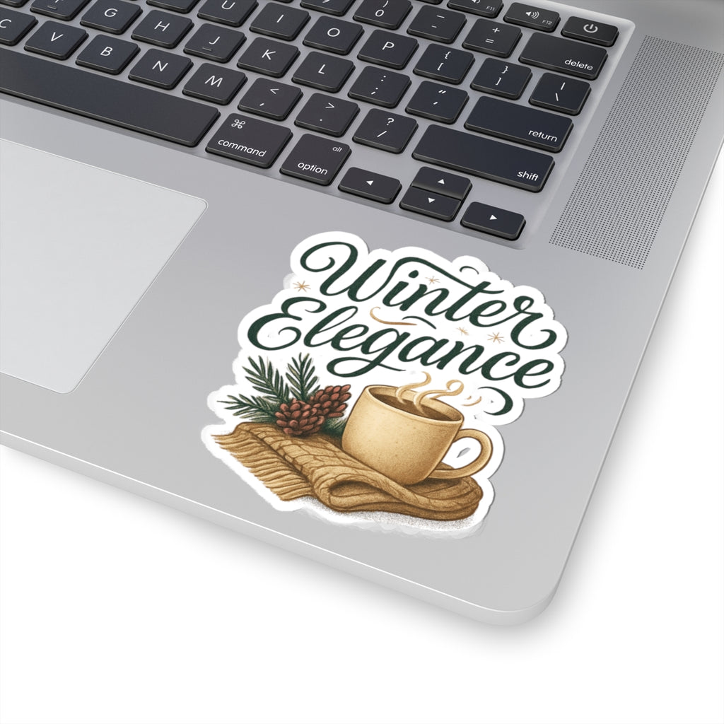 Winter Elegance Sticker — Cozy Hot Cocoa & Pinecone Kiss-Cut Decal